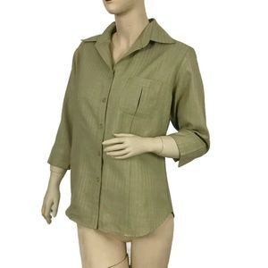 California Grown Women's Size Med 3/4 Sleeve Button Up Collared Tan Top  EUC